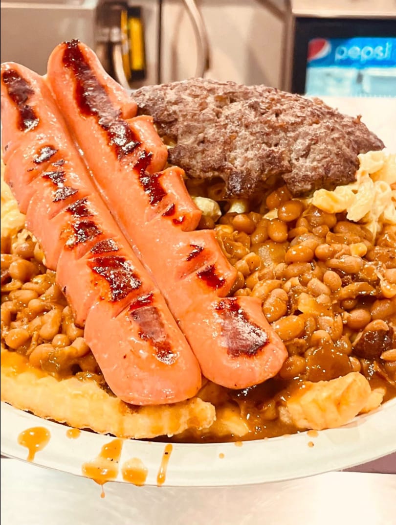 A plate of grilled hot dogs, hamburger, baked beans, and macaroni salad over french fries.