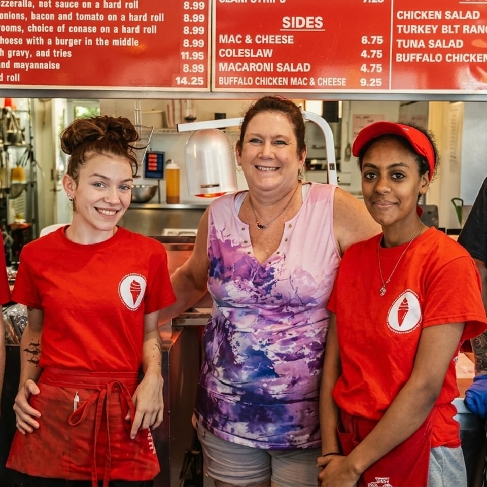 Five smiling restaurant staff members, three in red shirts, one in a patterned top, and one in a black shirt.