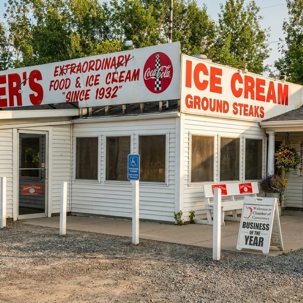 Corbaker's, a white building with red signs for "Extraordinary Food & Ice Cream Since 1932" and "Ground Steaks."