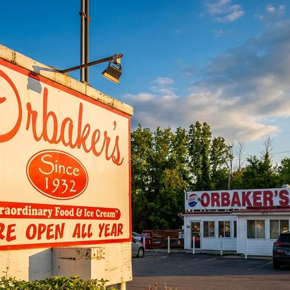 OrbaKer's restaurant sign and building, advertising "Extraordinary Food & Ice Cream" since 1932.