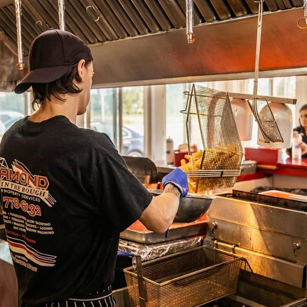 A chef in a black cap and shirt fries french fries in a deep fryer, with a customer visible in the background.